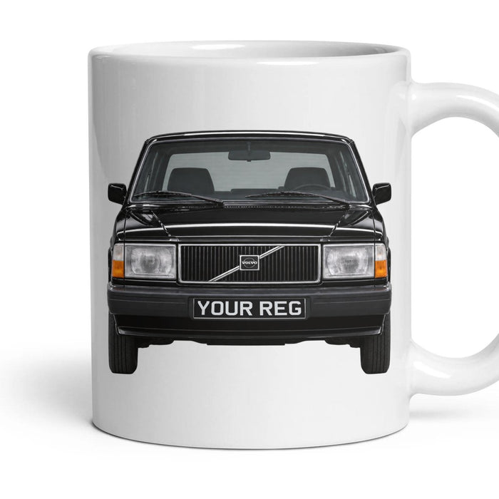 Volvo 240 Personalised Number Plate Mug - Black - Front & Rear mug, 11oz white ceramic, Black, handle right