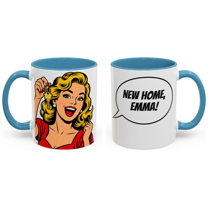 NEW HOME, [Name]! mug, 11oz white ceramic, light blue handle and interior, handle right