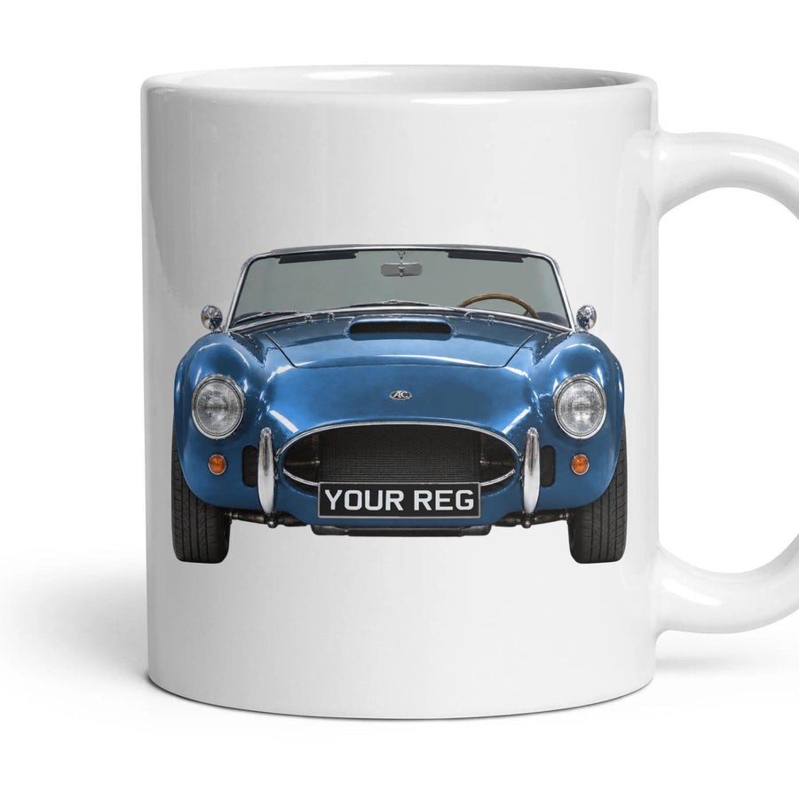 AC Cobra Personalised Number Plate Mug - Guardsman Blue - Front & Rear mug, 11oz white ceramic, Guardsman Blue, handle right