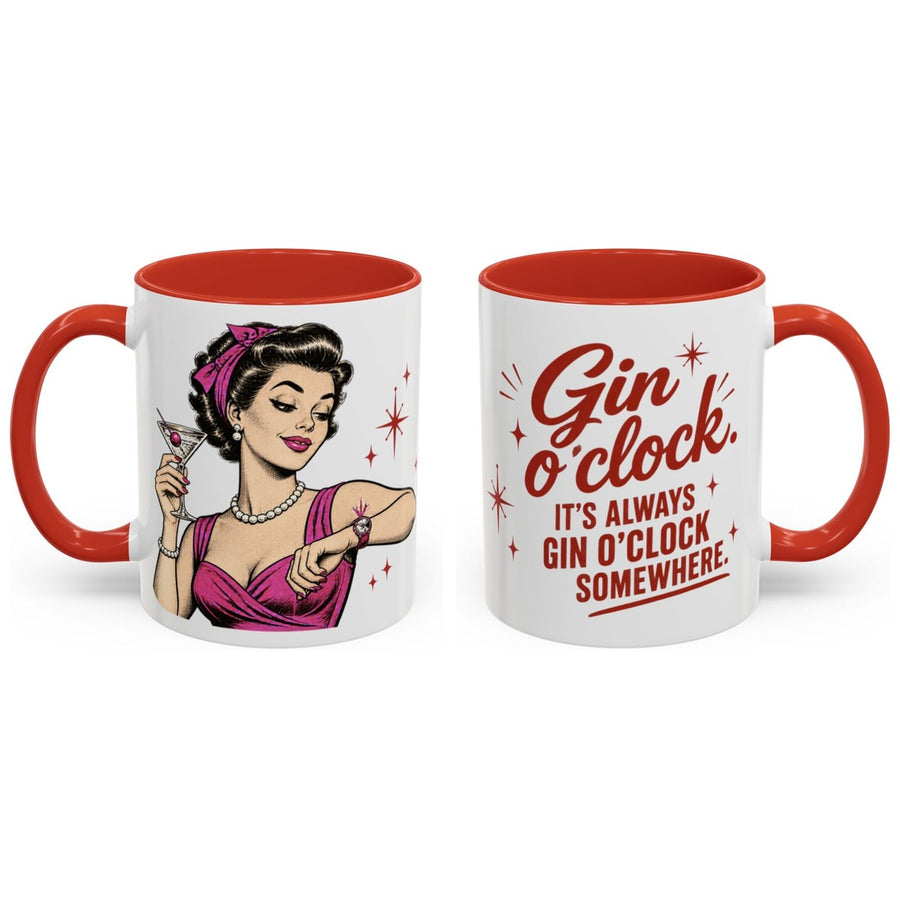 Gin o'clock. It's always gin o'clock somewhere. mug, 11oz white ceramic, red handle and interior, handle right