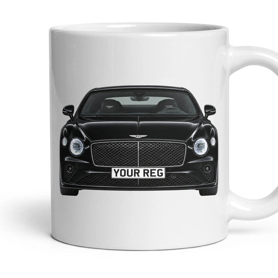 Bentley Continental GT Personalised Number Plate Mug - Beluga Black - Front & Rear mug, 11oz white ceramic, Beluga Black, handle right