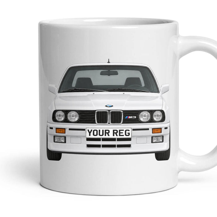 BMW M3 E30 Personalised Number Plate Mug - Alpine White - Front & Rear mug, 11oz white ceramic, Alpine White, handle right