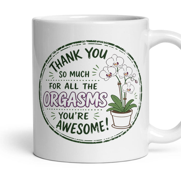 THANK YOU SO MUCH FOR ALL THE ORGASMS YOU'RE AWESOME! mug, 11oz white ceramic, handle right
