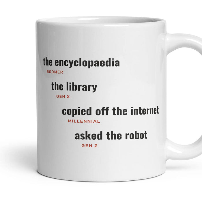 Homework: the encyclopaedia, the library, copied off the internet, asked the robot mug, 11oz white ceramic, handle right
