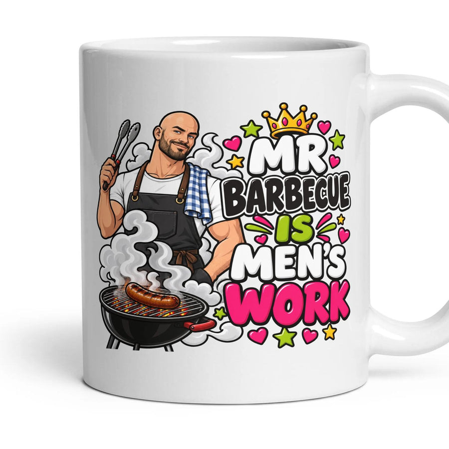 Mr Barbecue Is Men's Work mug, 11oz white ceramic, handle right