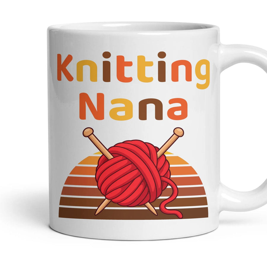 Knitting Nana mug, 11oz white ceramic, handle right