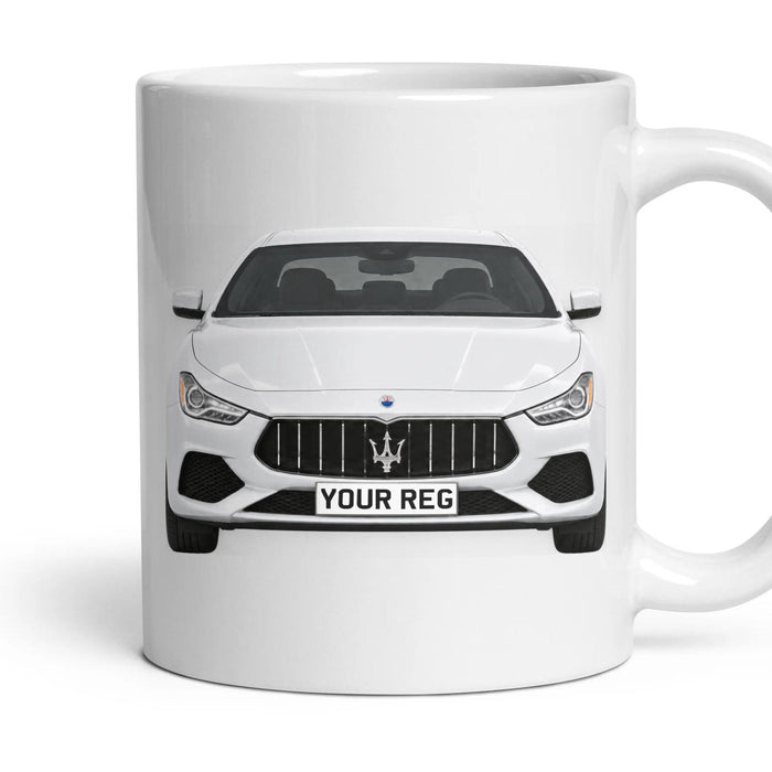 Maserati Ghibli M157 Personalised Number Plate Mug - Bianco - Front & Rear mug, 11oz white ceramic, Bianco, handle right
