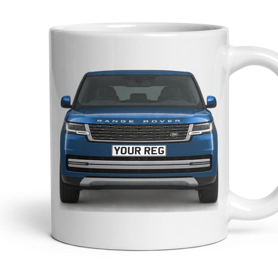 Range Rover Personalised Number Plate Mug - Byron Blue - Front & Rear mug, 11oz white ceramic, Byron Blue, handle right