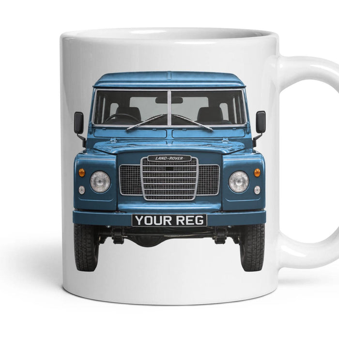 Land Rover Series III Personalised Number Plate Mug - Marine Blue - Front & Rear mug, 11oz white ceramic, Marine Blue, handle right