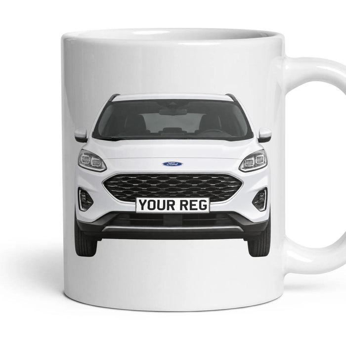 Ford Kuga Personalised Number Plate Mug - Frozen White - Front & Rear mug, 11oz white ceramic, Frozen White, handle right