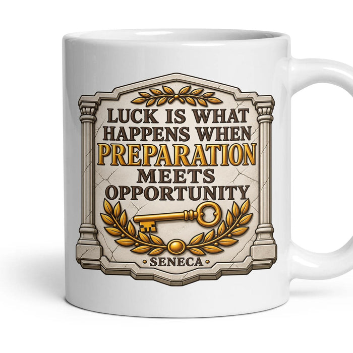 Luck is what happens when preparation meets opportunity mug, 11oz white ceramic, handle right