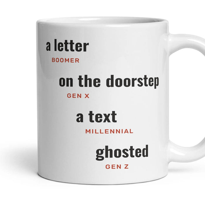 Ending it: a letter, on the doorstep, a text, ghosted mug, 11oz white ceramic, handle right