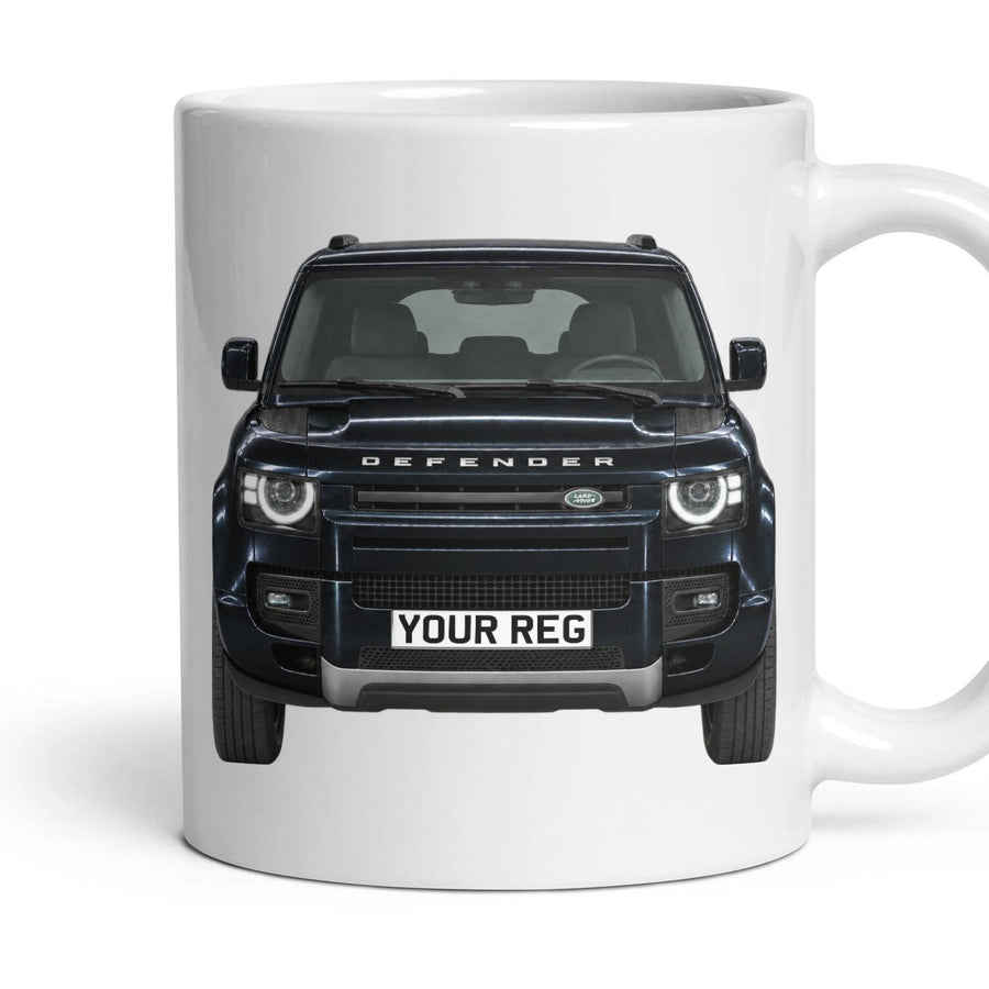 Land Rover Defender Personalised Number Plate Mug - Santorini Black - Front & Rear mug, 11oz white ceramic, Santorini Black, handle right
