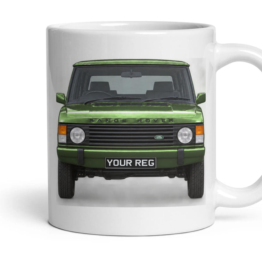 Range Rover Classic Personalised Number Plate Mug - Bronze Green - Front & Rear mug, 11oz white ceramic, Bronze Green, handle right
