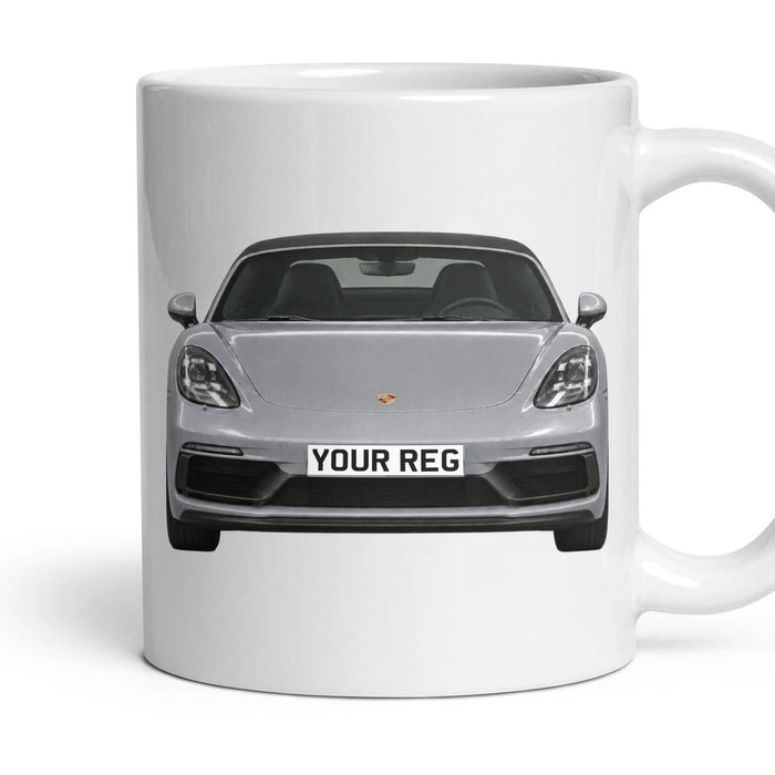 Porsche 718 Boxster Personalised Number Plate Mug - Agate Grey Metallic - Front & Rear mug, 11oz white ceramic, Agate Grey Metallic, handle right