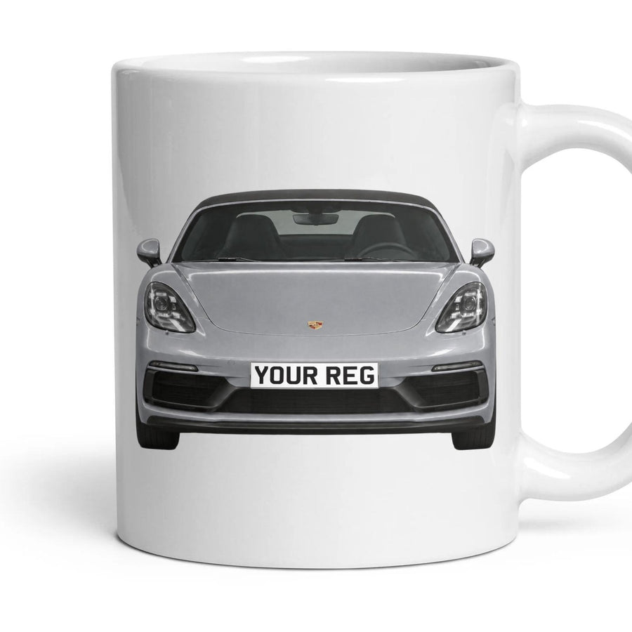 Porsche 718 Boxster Personalised Number Plate Mug - Agate Grey Metallic - Front & Rear mug, 11oz white ceramic, Agate Grey Metallic, handle right