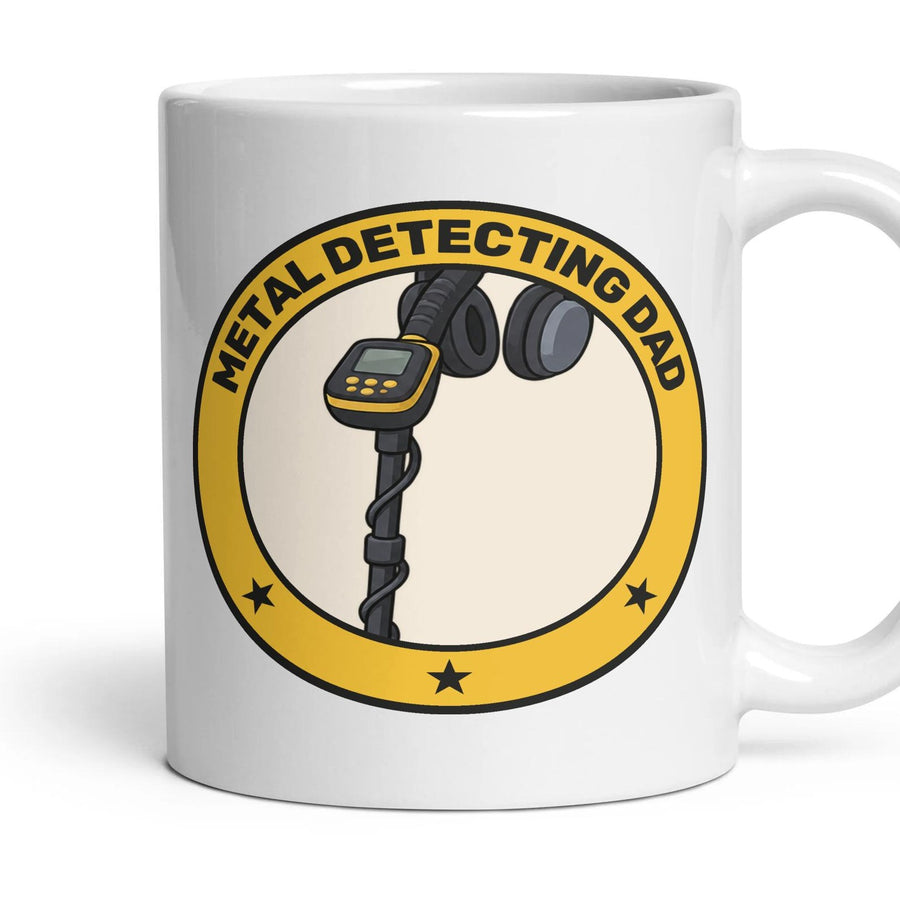 Metal Detecting Dad mug, 11oz white ceramic, handle right
