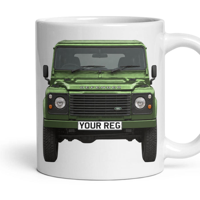 Land Rover Defender Td5 Personalised Number Plate Mug - Bronze Green - Front & Rear mug, 11oz white ceramic, Bronze Green, handle right
