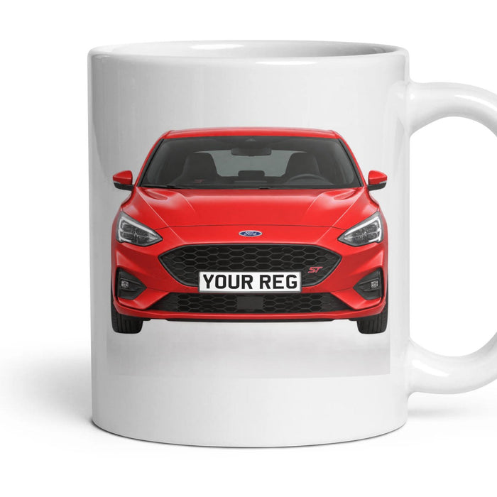 Ford Focus ST Personalised Number Plate Mug - Race Red - Front & Rear mug, 11oz white ceramic, Race Red, handle right