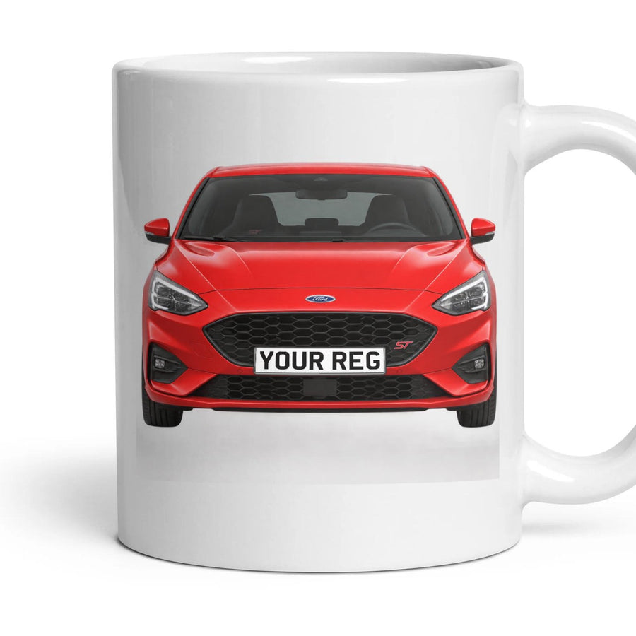 Ford Focus ST Personalised Number Plate Mug - Race Red - Front & Rear mug, 11oz white ceramic, Race Red, handle right