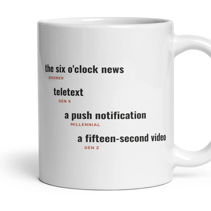 Finding out the news: the six o'clock news, teletext, a push notification, a fifteen-second video mug, 11oz white ceramic, handle right