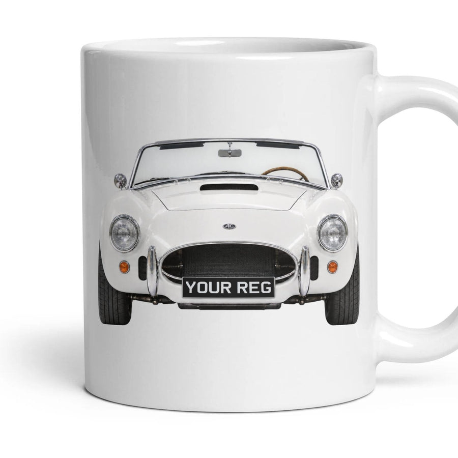 AC Cobra Personalised Number Plate Mug - Wimbledon White - Front & Rear mug, 11oz white ceramic, Wimbledon White, handle right