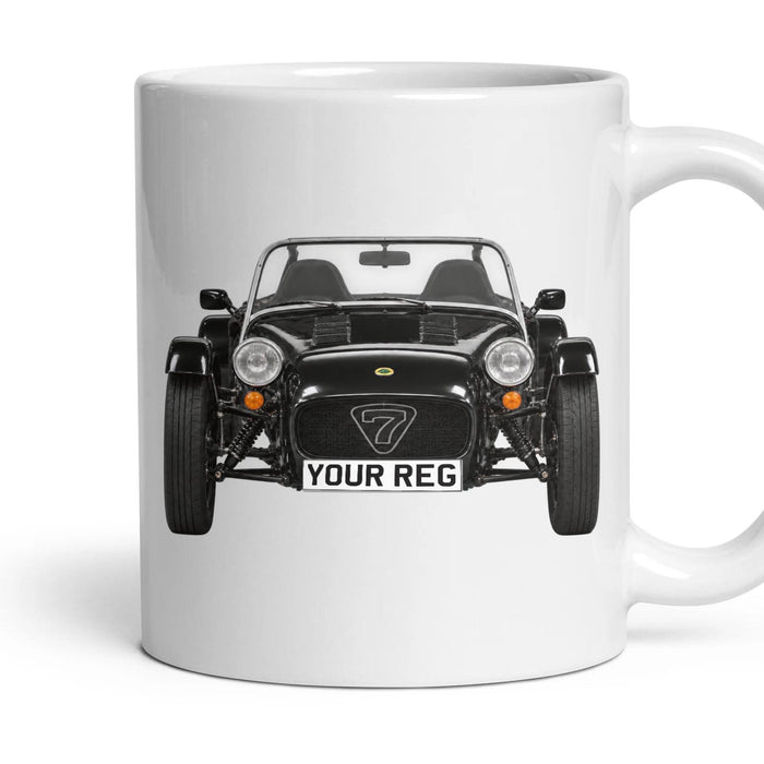 Caterham Seven Personalised Number Plate Mug - Black - Front & Rear mug, 11oz white ceramic, Black, handle right