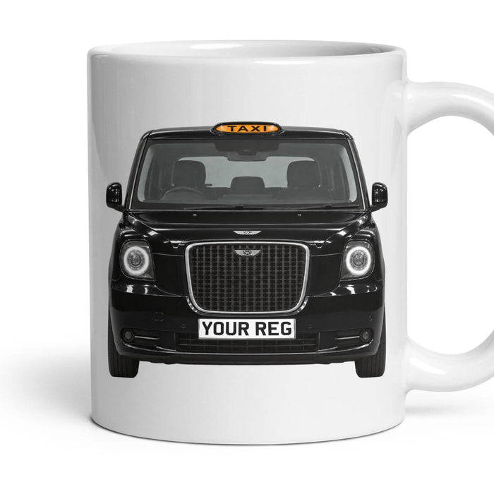 London Taxi LEVC TX Personalised Number Plate Mug - Black - Front & Rear mug, 11oz white ceramic, Black, handle right