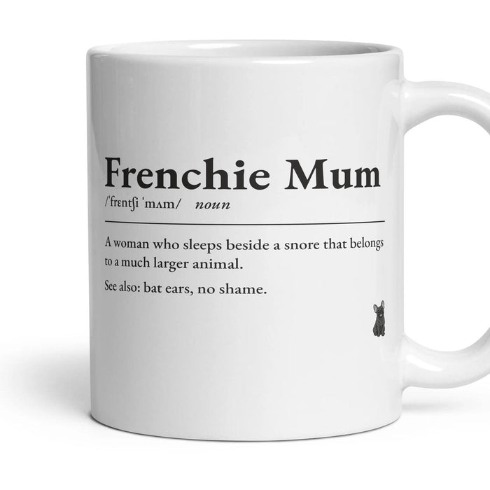 Frenchie Mum mug, 11oz white ceramic, Brindle, handle right