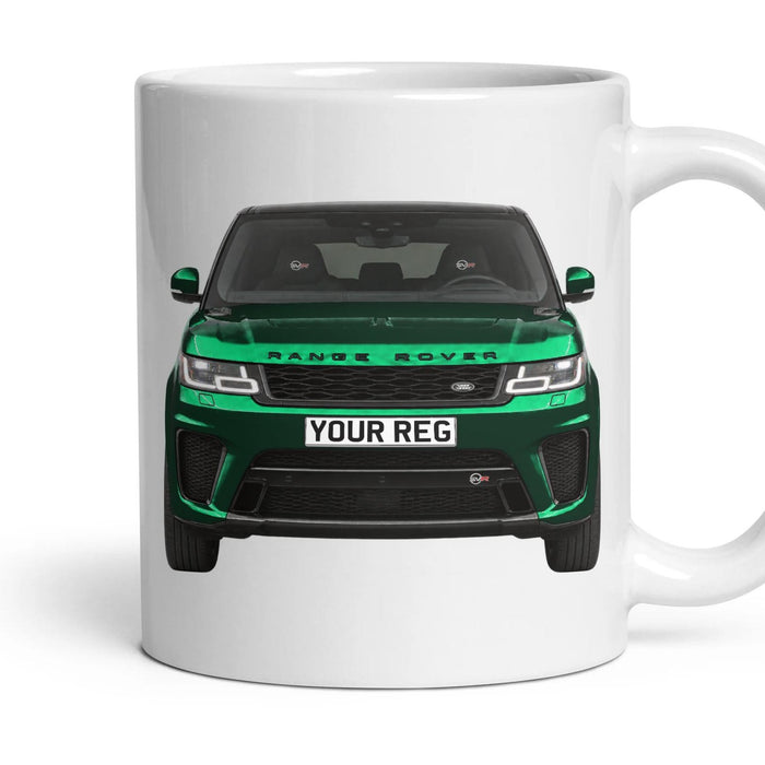 Range Rover Sport SVR Personalised Number Plate Mug - British Racing Green - Front & Rear mug, 11oz white ceramic, British Racing Green, handle right