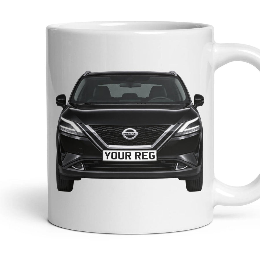 Nissan Qashqai Personalised Number Plate Mug - Black - Front & Rear mug, 11oz white ceramic, Black, handle right