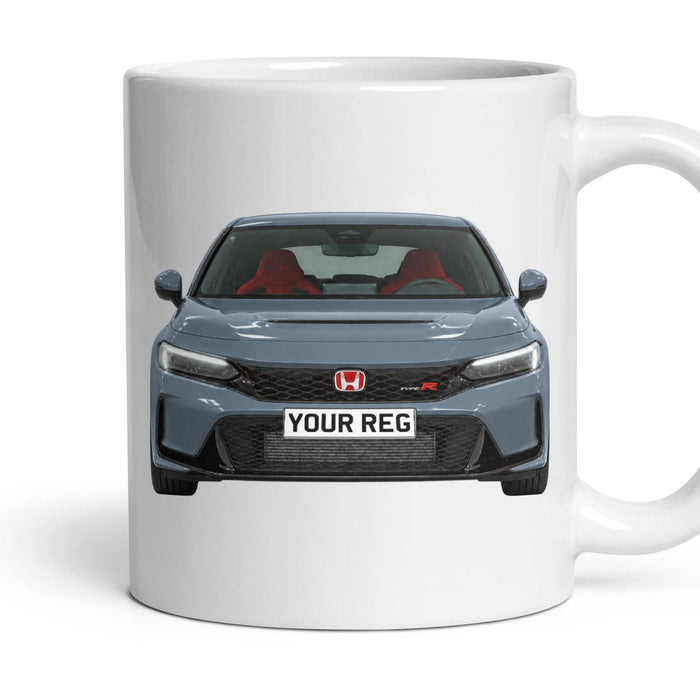 Honda Civic Type R Personalised Number Plate Mug - Sonic Grey Pearl - Front & Rear mug, 11oz white ceramic, Sonic Grey Pearl, handle right