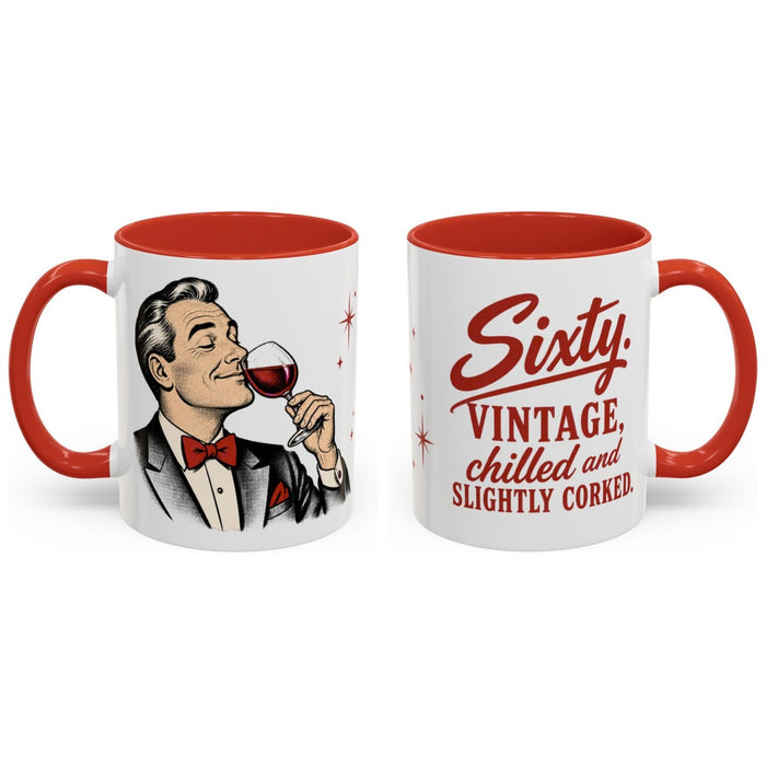 Sixty. Vintage, chilled and slightly corked. mug, 11oz white ceramic, red handle and interior, handle right