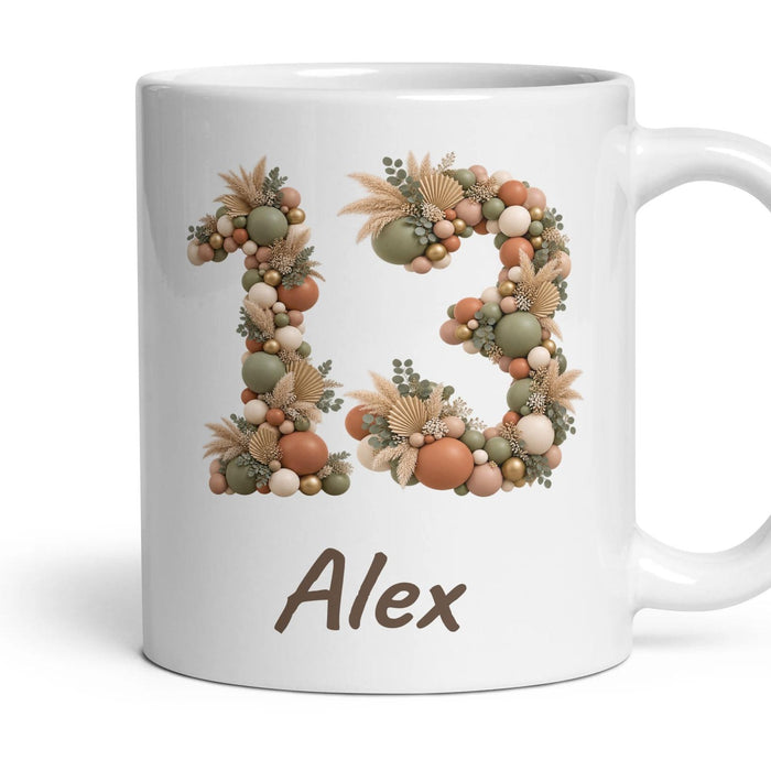 Personalised 13th Birthday Balloon Mug mug, 11oz white ceramic, Boho Sage & Terracotta, handle right