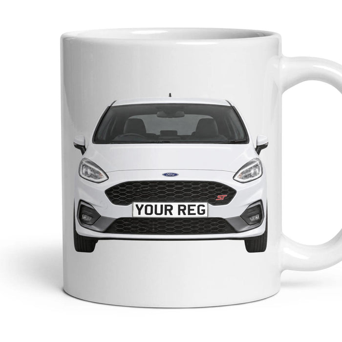 Ford Fiesta ST Personalised Number Plate Mug - Frozen White - Front & Rear mug, 11oz white ceramic, Frozen White, handle right