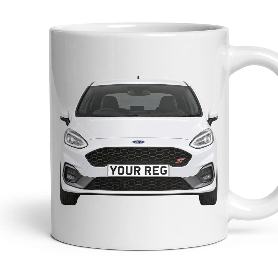 Ford Fiesta ST Personalised Number Plate Mug - Frozen White - Front & Rear mug, 11oz white ceramic, Frozen White, handle right