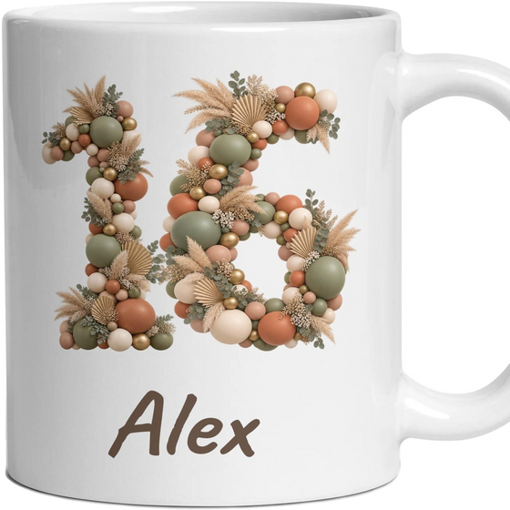 Personalised 16th Birthday Mug, Balloon Number and Any Name