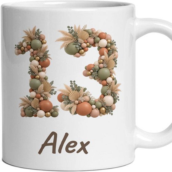Personalised 13th Birthday Mug, Balloon Number and Any Name