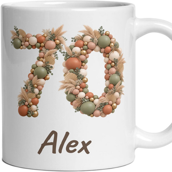 Personalised 70th Birthday Mug, Balloon Number and Any Name