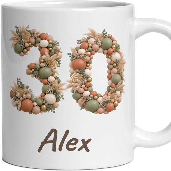 Personalised 30th Birthday Mug, Balloon Number and Any Name