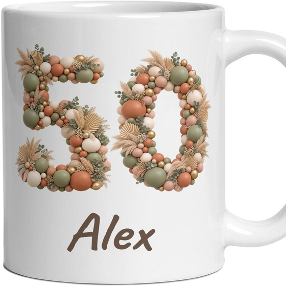 Personalised 50th Birthday Mug, Balloon Number and Any Name